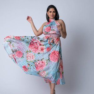 Midi Dress with Belt, Printed Flowers